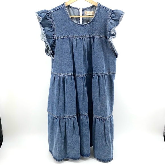 Altar'd State Blue Denim Dress with Ruffle Sleeves and Pockets - Picture 1 of 4